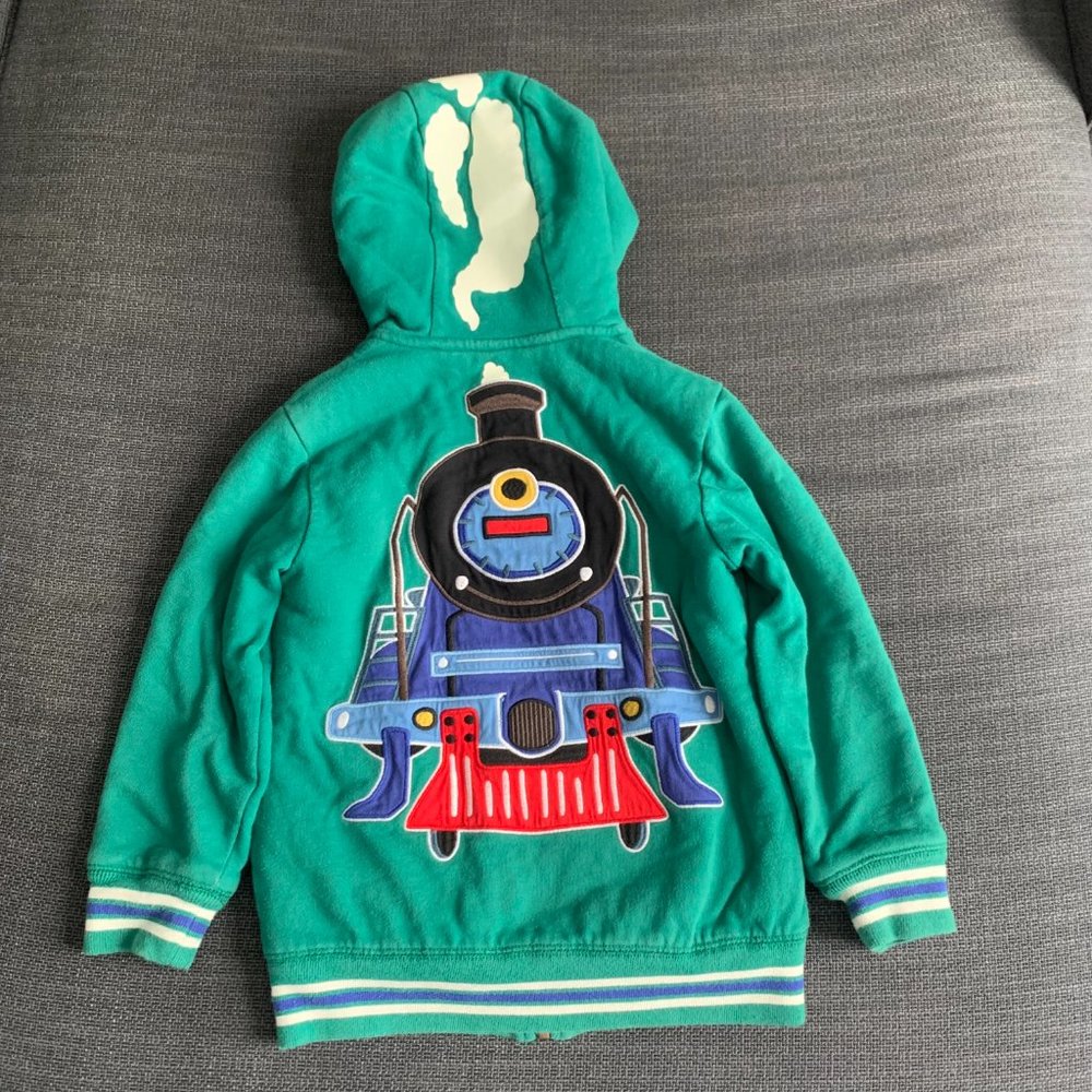 Boden shaggy lined hoodie with train appliqué, 5-6Y